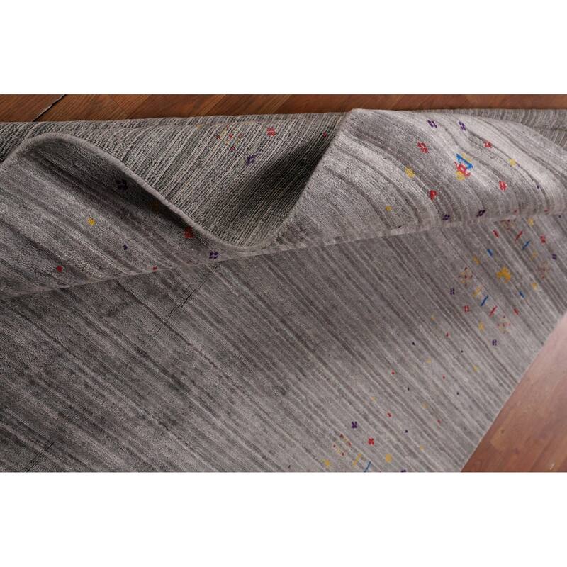 Gray & Green Striped Gabbeh Oriental Area Rug Handmade Silk Carpet - 5'2" x 7'10"