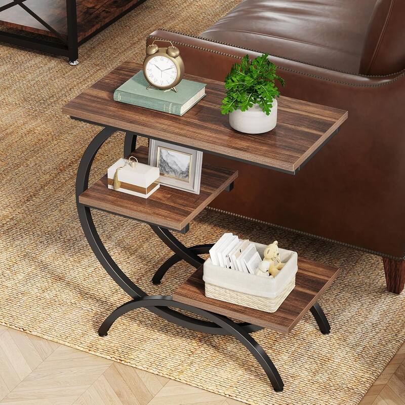 11.81 Inches C-Shaped End Table, 3-Tier Industrial Side Table with Storage Shelves, Small Snack Table for Couch, Bedside - Rustic Brown