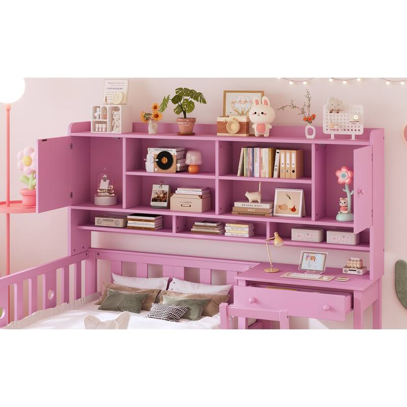 Twin Size Multifunctional Wood Platform Bed with Bookshelf,Built-in Desk and Matching Chair