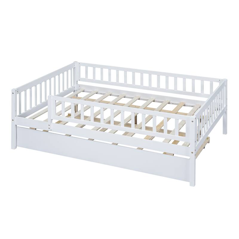 Full Size Wood Daybed with Trundle and Fence Guardrails, Space-Saving Design