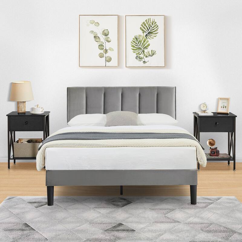 VECELO 3-Pieces Bedroom Sets Upholstered Bed Frame and Nightstands Set of 2 Dark Grey Platform Bed Frame - Black - Full