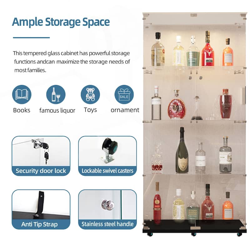 Versatile Tempered Glass Cabinet with Smart Lighting and Mobility