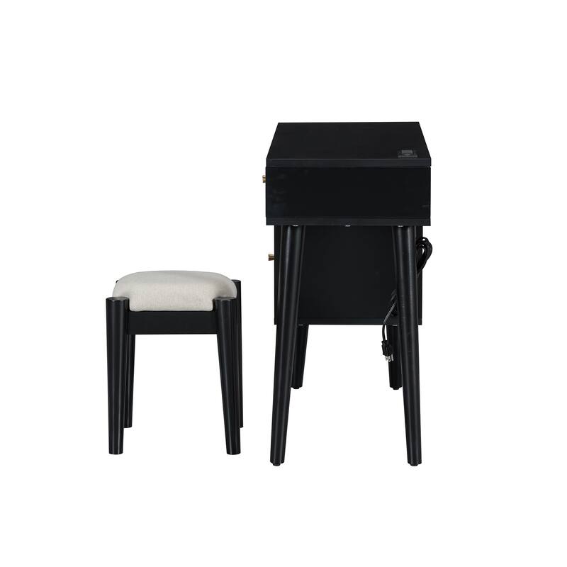 Vanity Set with Rattan Drawers, USB Ports & Stool