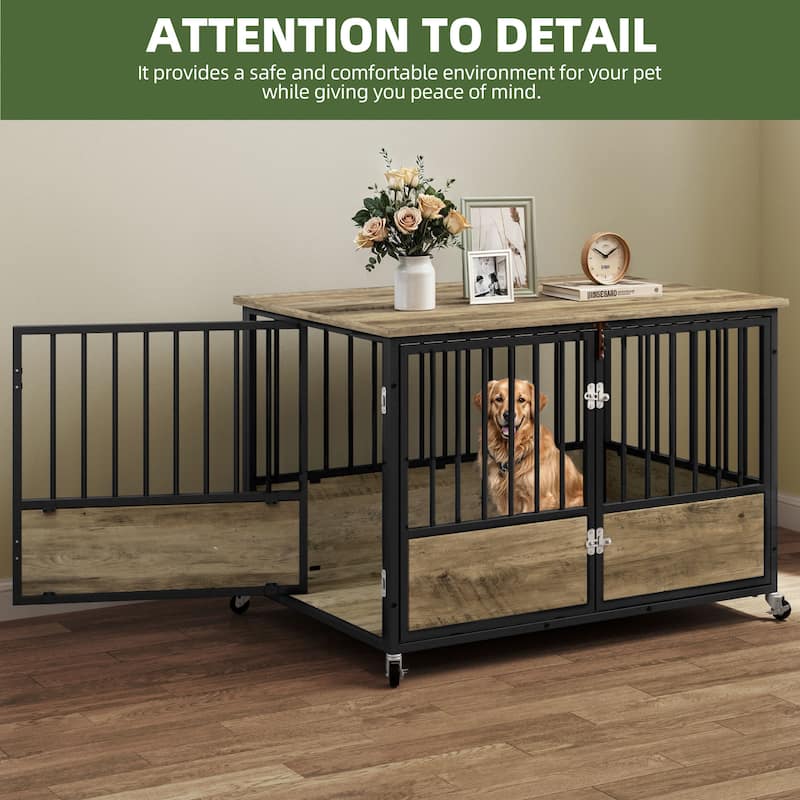 38"/43" Dog Crate Furniture Cage Table with Wheels And Double Doors