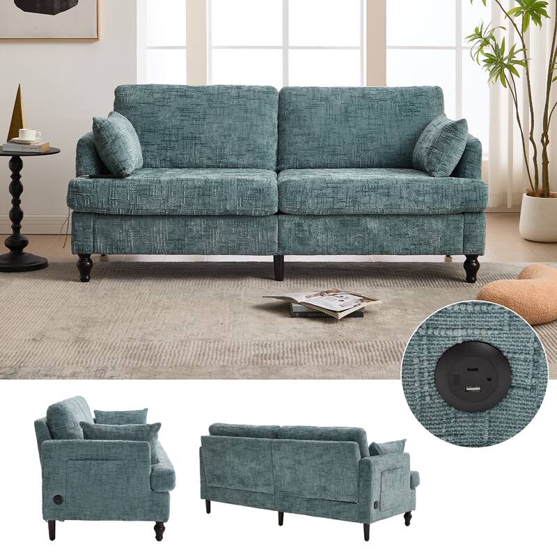 Modern Style Chenille 2-Seater Wood-Legged Sofa With Led Light,USB Charging Port And Storage Bag Living Room Bedroom Study Room - Lake Blue