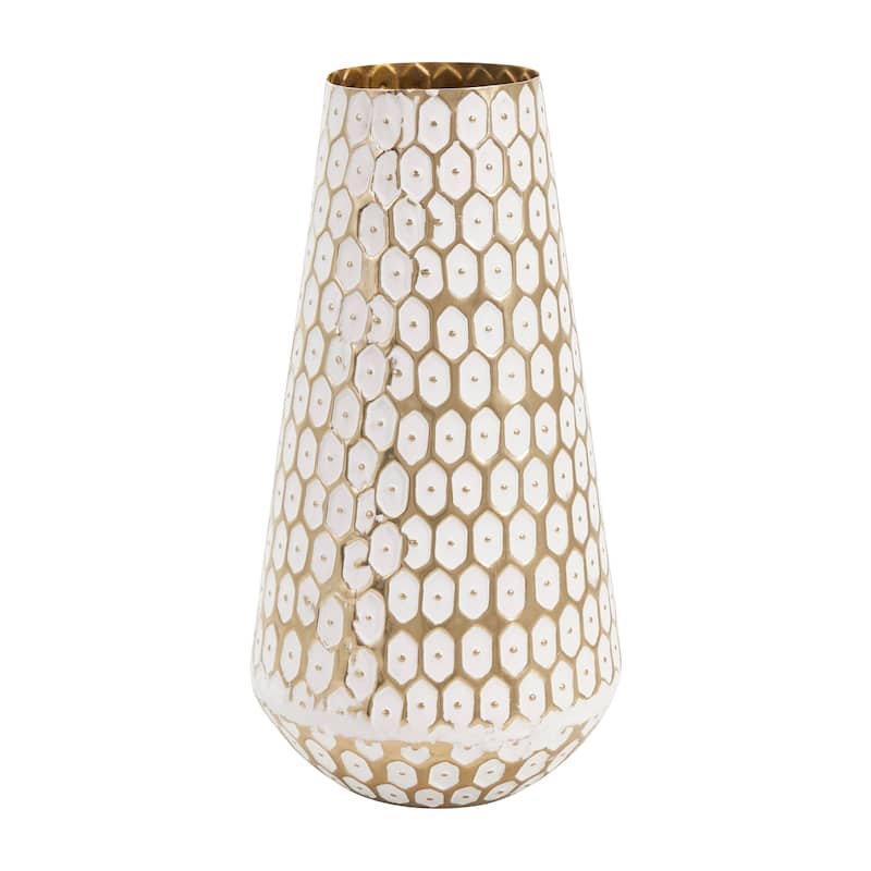 Gold Metal Geometric Dot Geometric Decorative Vase with White Accents