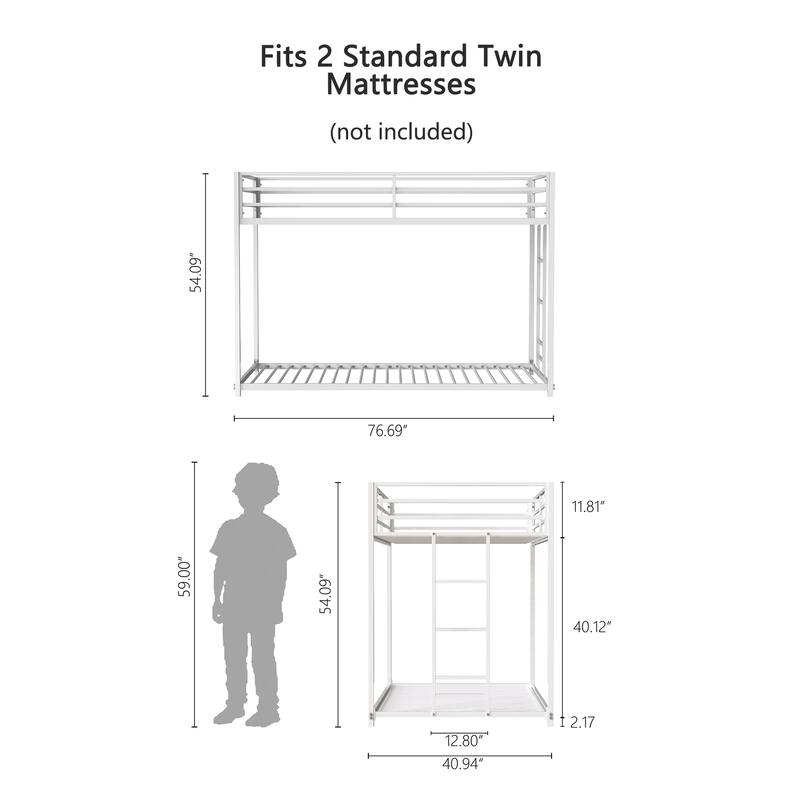 Adam Sturdy Twin Over Twin Metal Bunk Bed (White) - Low Profile, Stable Ladder, Easy Climbing - for Kids & Adults