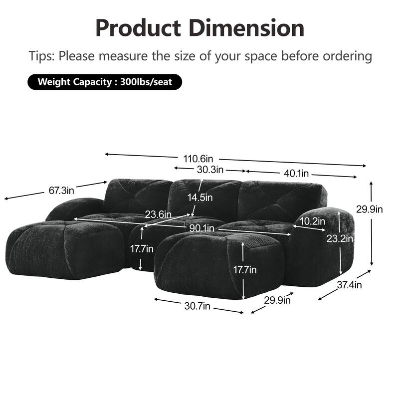 U-shaped Boneless Sofa, Tufted Design, 32D High Density Sponge, Bottom Anti-Slip Design, No Assembly Required Bottom