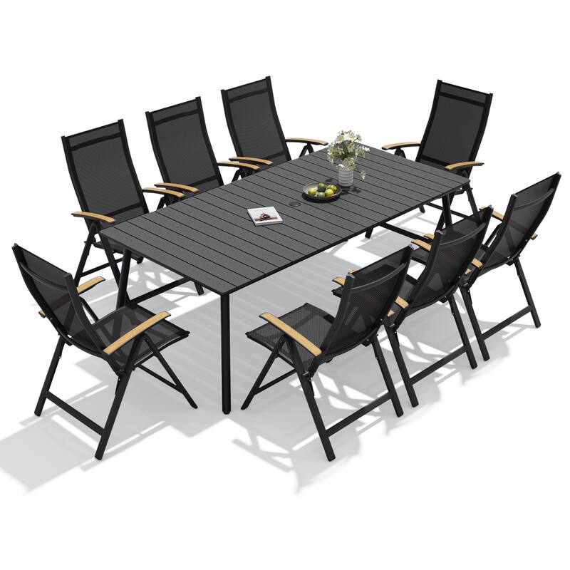 9-Piece Outdoor Patio Dining Set WPC Table Top Alumium Umbrella Hole Table with Folding Armrest Chairs - Black