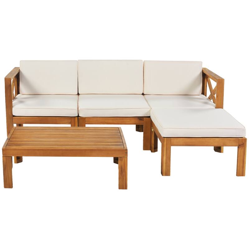 Beige Natural Acacia Wood 5-Piece Outdoor Sectional Sofa Set with Solid Coffee Table, Water-resistant and UV-Resistant Fabric