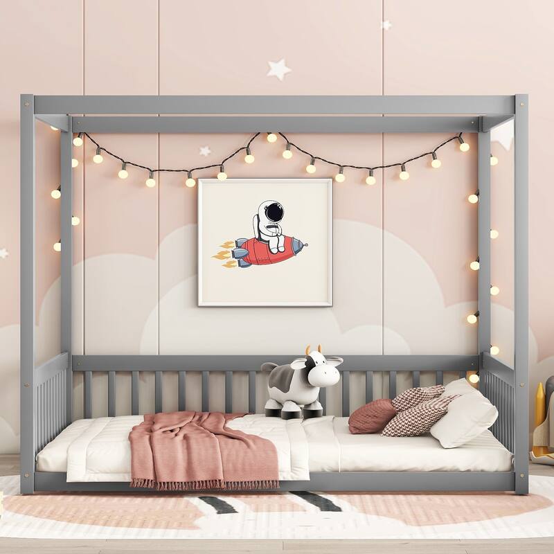 Full Size Canopy Frame Floor Bed with Fence,Guardrails,for bedroom