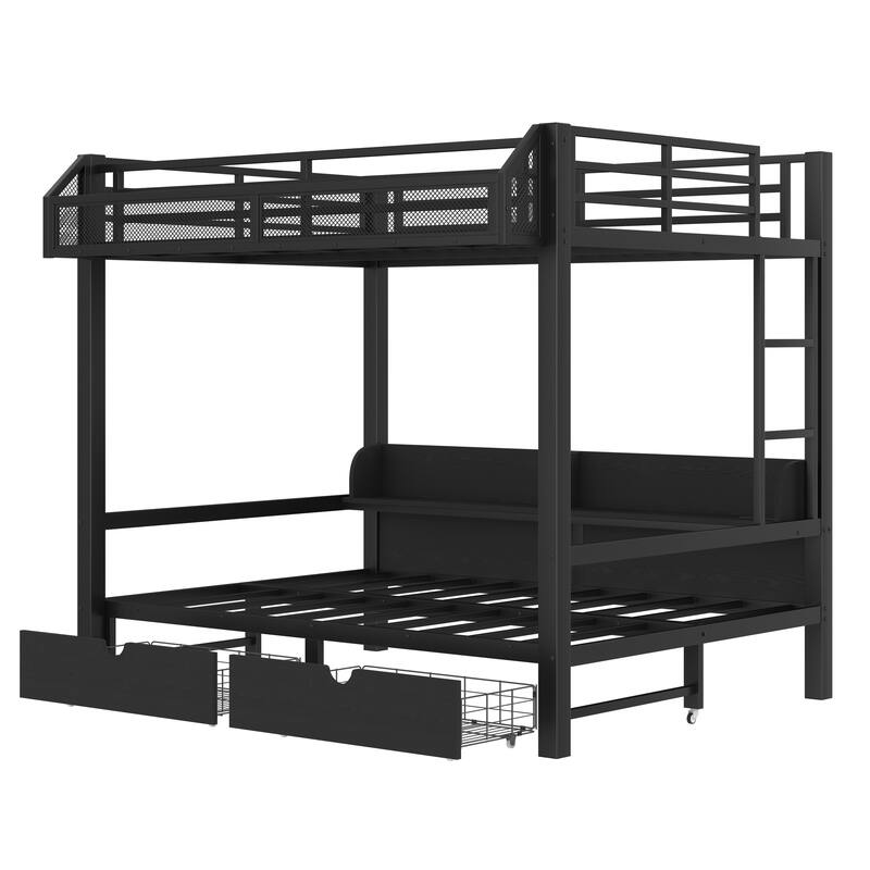 Full over Full Bunk Bed with Storage, USB Ports & LED Lights, Converts to Sofa, Metal Frame