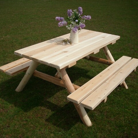 Outdoor White Cedar Log 6' Picnic Table with Attached Benches