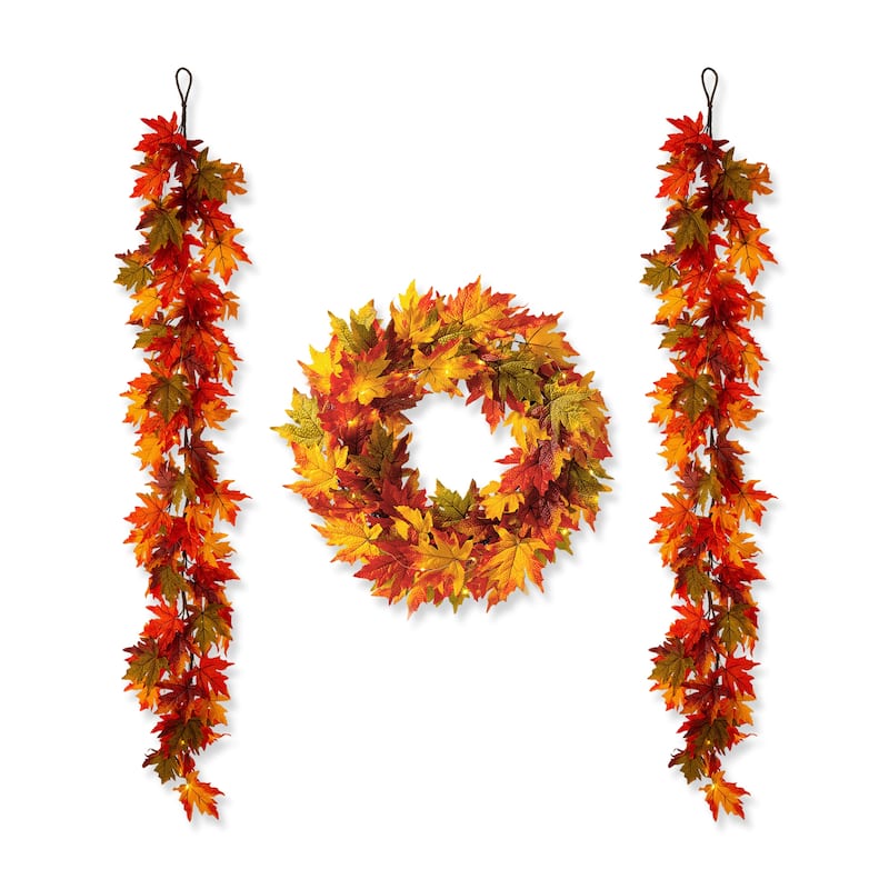 Glitzhome LED Lighted Fall Maple Leaves Wreath/Garland with Timer - 2 Galand & 1 Wreath with Hanger