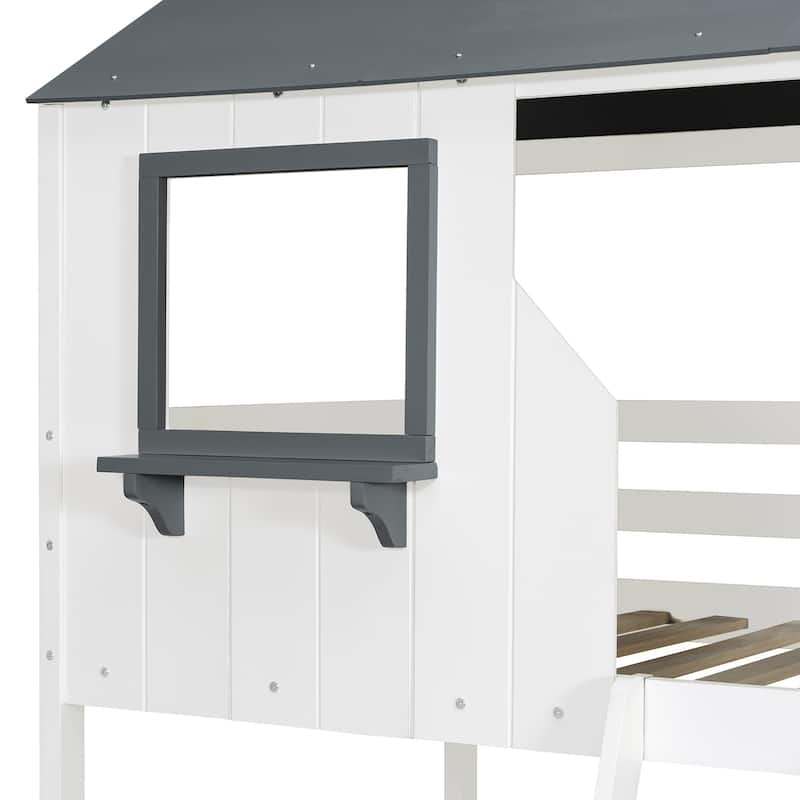 Kids House Bed Twin Over Twin Bunk Bed with Roof, Window and Shelves