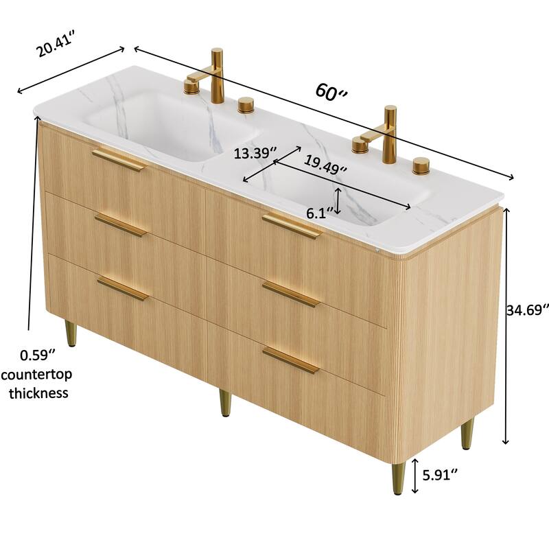 60'' Freestanding Bathroom Vanity with Double Sintered Stone Basins - 59.84'' x 20.47'' x 34.69''