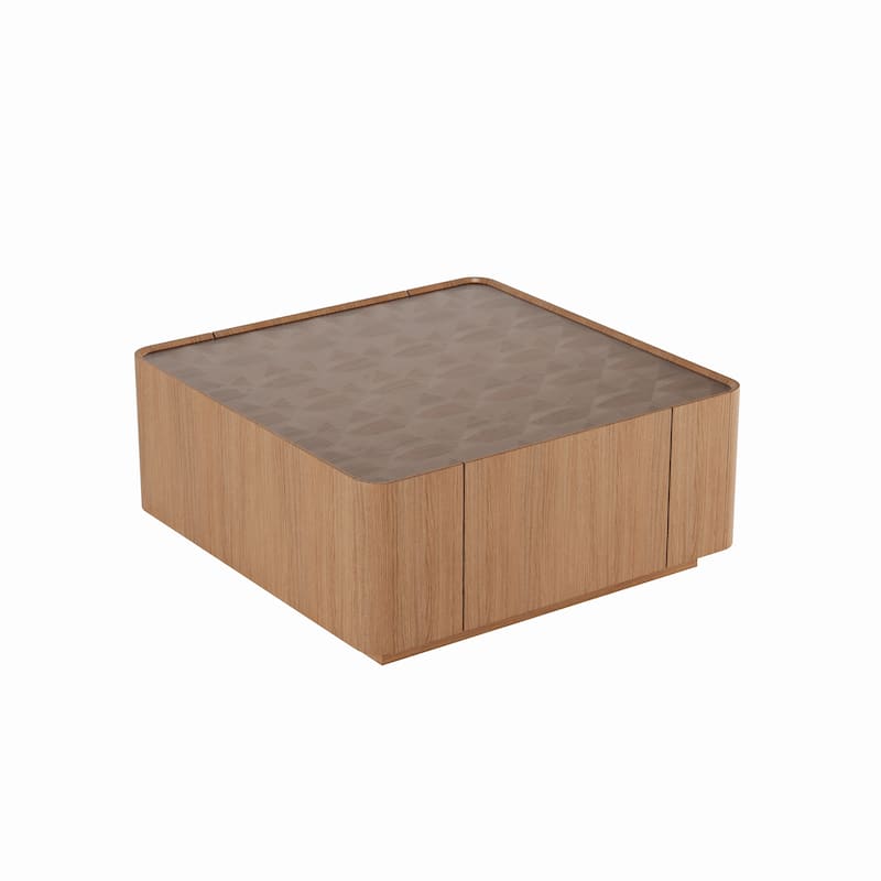 31.5-Inch Square Coffee Table with Storage Drawers,Modern Wooden Coffee Table with Glass Top ,Tea Table Center Tables