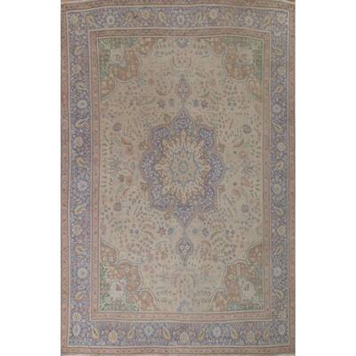 Floral Distressed Tabriz Persian Vintage Area Rug Handmade Wool Carpet - 9'7" x 12'9"