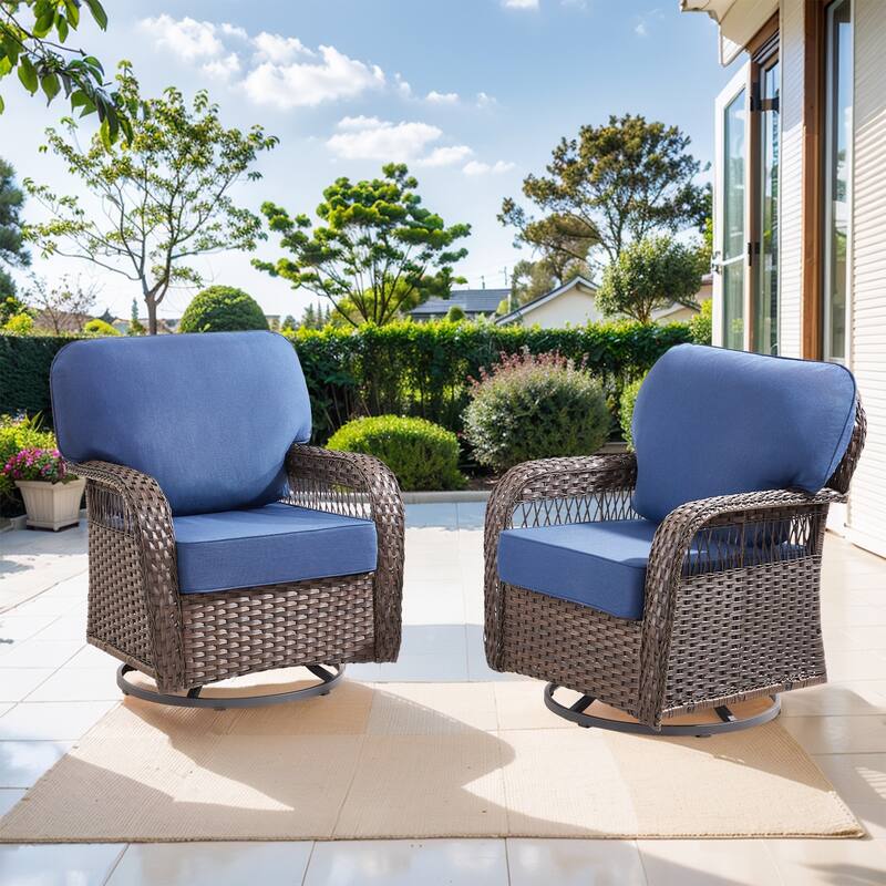 Pocassy Swivel Chair Table with Outdoor Ottoman Funiture Set. - Brown Wicker Blue Cushion - 2-Piece Swivel Chair