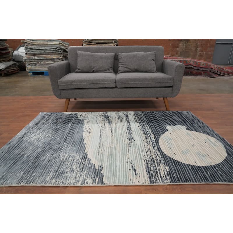 Hand Knotted Oriental Viscose Silk Carpet Modern Pictorial Greys & Charcoal Abstract Area Rug - 6' 6'' X 4' 5''