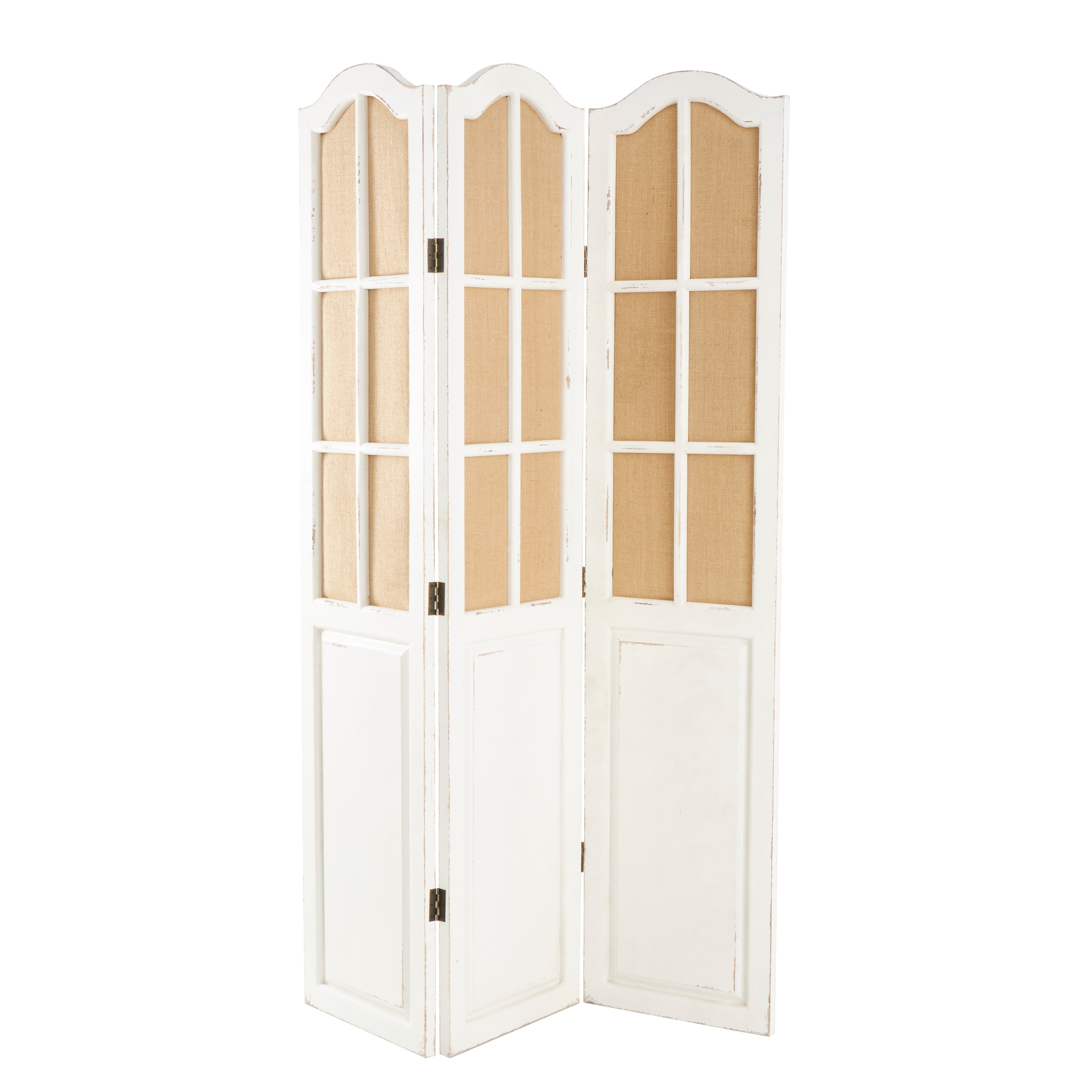Wood Hinged Foldable Partition 3 Panel Room Divider Screen with Burlap Window Pane Design - Beige - Roche River Decor