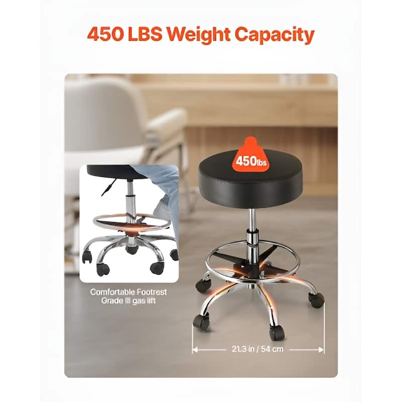 Adjustable Black Faux Leather Stool with Wheels & Footrest, 450 lbs - 21.3" x 21.3" x 21.7"