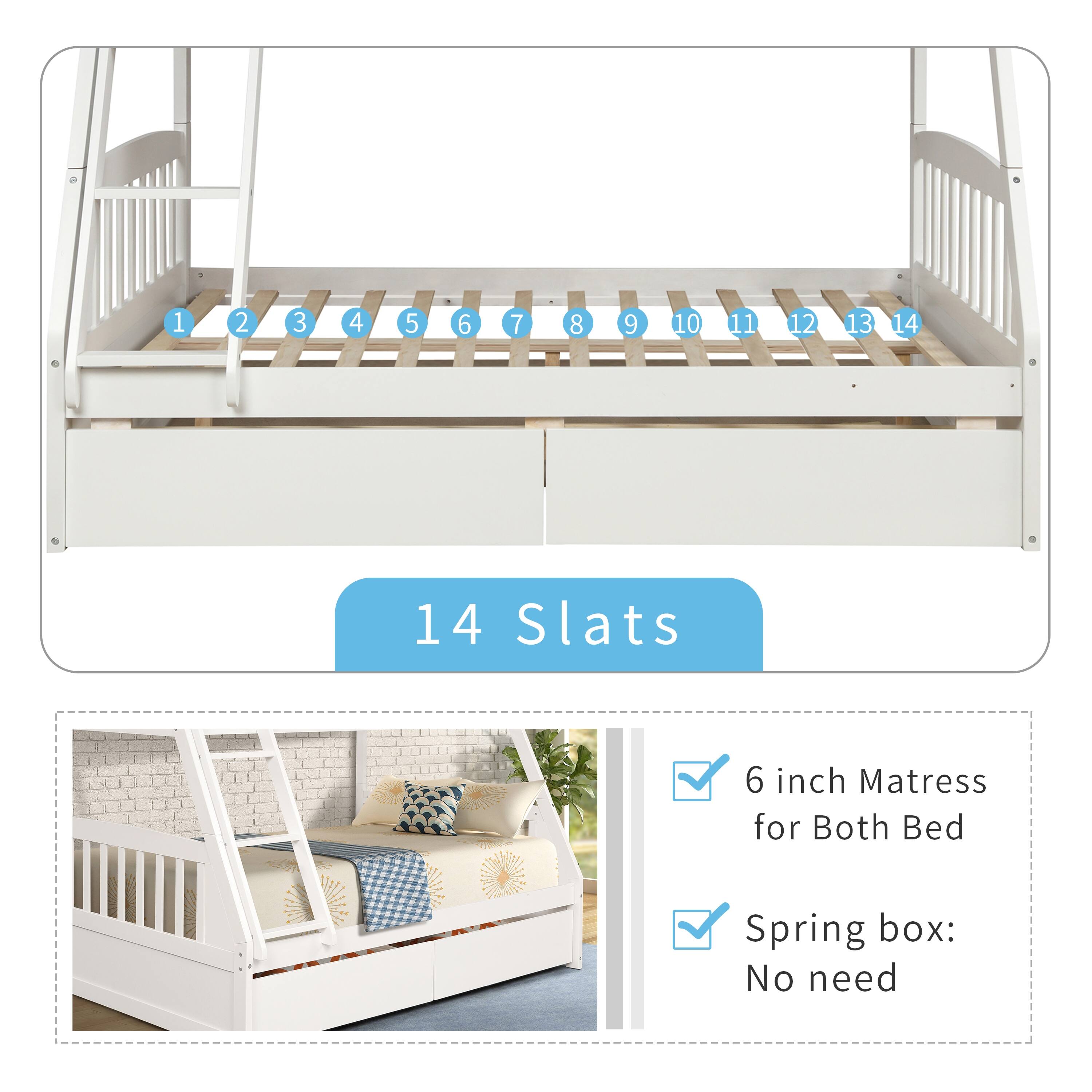 Twin Over Full Solid Wood Bunk Bed with Storage Drawers Convertible