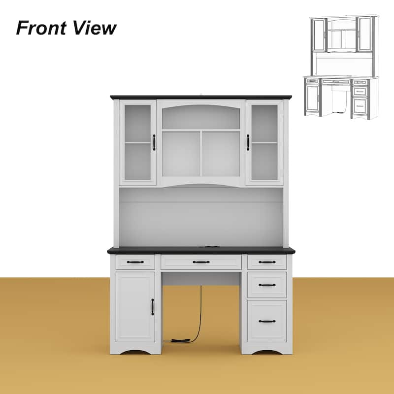 Coffee Bar Cabinet and Work Desk with Hutch,Pantry Storage Cabinet with Outlets