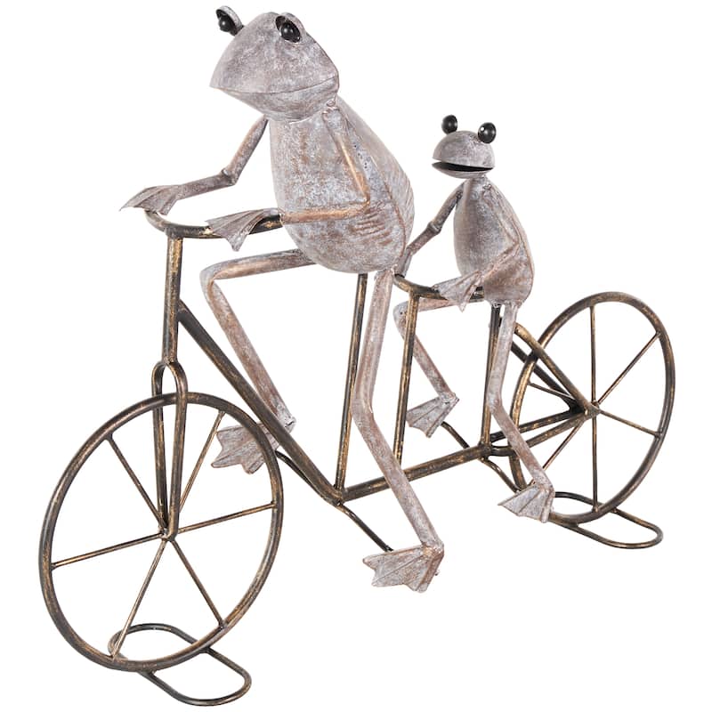 Metal Frog On Bicycle Garden Sculpture with Gold Accents - Copper or Green - Roche River Decor - Copper