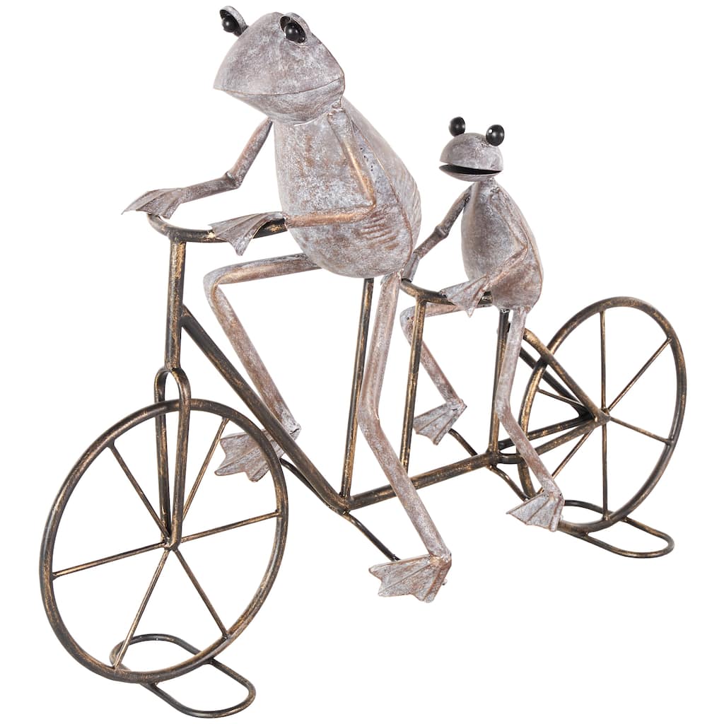 Metal Frog On Bicycle Garden Sculpture with Gold Accents - Copper or Green - Roche River Decor