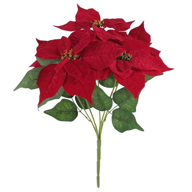 Set of 2 Classic Artificial Poinsettia Red Velvet Christmas Flower Stems Bush Bouquet 16in - 16" L x 13" W x 13" DP