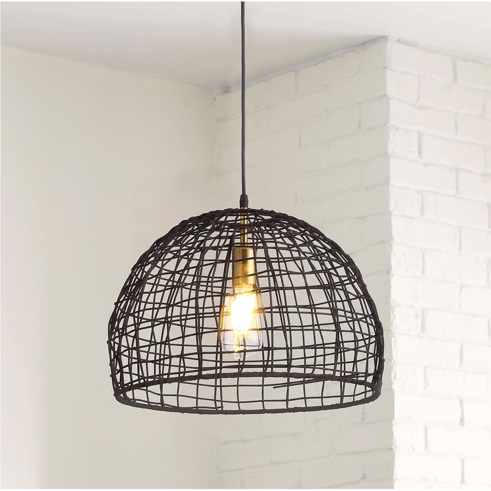Matte Black 1-Light Woven Rattan Hanging Lamp