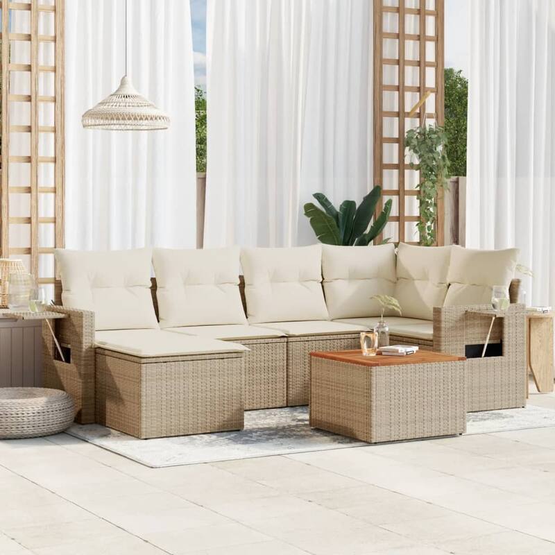 vidaXL Garden Sofa Set 7 Piece with Cushions Outdoor Sofa Set Poly Rattan - Beige and Cream - 24.4 x 24.4 x 27.2 in (W x L x H)