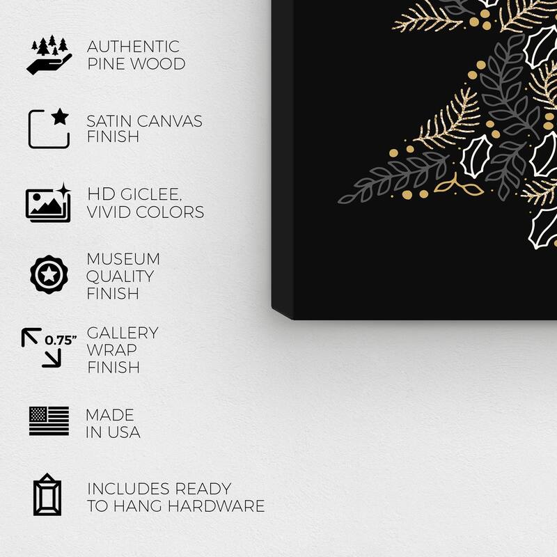 Wynwood Studio Canvas Holiday and Seasonal Pinetree and Glittter Branches Black Modern & Contemporary Wall Art Canvas Print