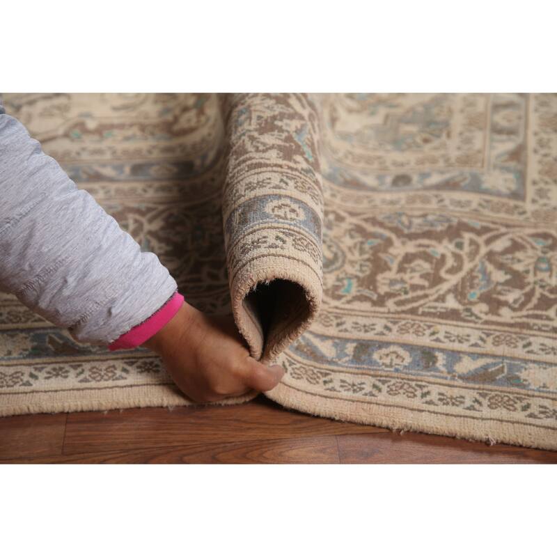 Hand Knotted Oriental 100% Wool Carpet Traditional Floral Beige & Ivories Mashad Area Rug - 11' 1'' X 8' 1''