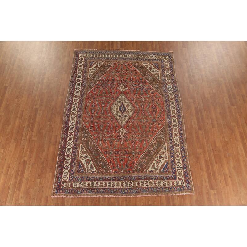 Geometric Hamedan Persian Vintage Area Rug Hand-Knotted Wool Carpet - 6'11"x 10'0"
