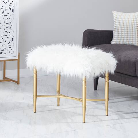 Grey or White Faux Fur Gold Iron Glam Modern Shabby Makeup Stool Bench
