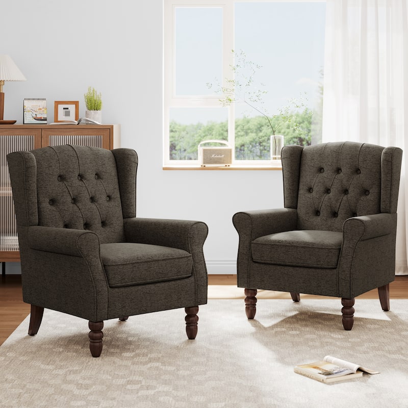 Button Tufted Armchair Wingback Wood legs Accent Chairs (Set of 2) - Taupe-Chenille