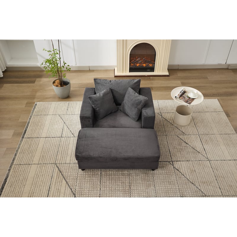 Chaise Lounge Chair with Removable Ottoman, Modern Accent Armchair Corduroy Sleeper Sofa Chair with Pillows for Living Room