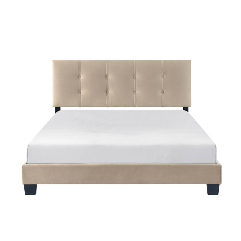 Queen Platform Bed with Adjustable Height Headboard, Light Brown Velvet Upholstery, Solid Wood Frame