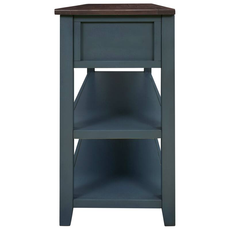 Retro Design Console Table with Two Open Shelves, Pine Solid Wood Frame and Legs