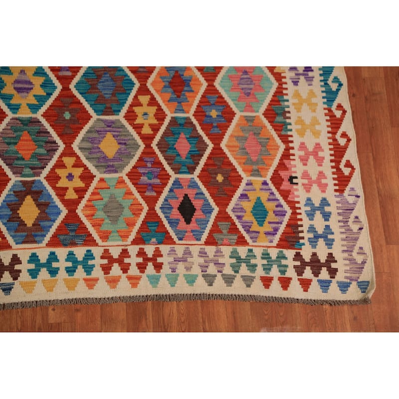 Orange Geometric Kilim Oriental Area Rug Hand-Woven Wool Carpet - 8'10"x 9'10"