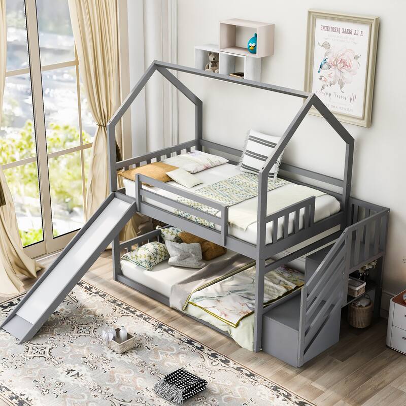 Twin Over Twin House Floor Bunk Bed, Wooden Low Bunk Bedframe w/Convertible Slide, Storage Staircase can be Placed Left or Right