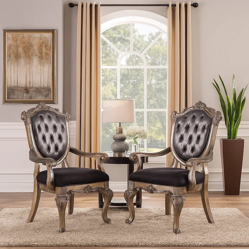 Wooden Arm Chair with Button Tufted Padded Backrest,Set of 2,Silver and Gray