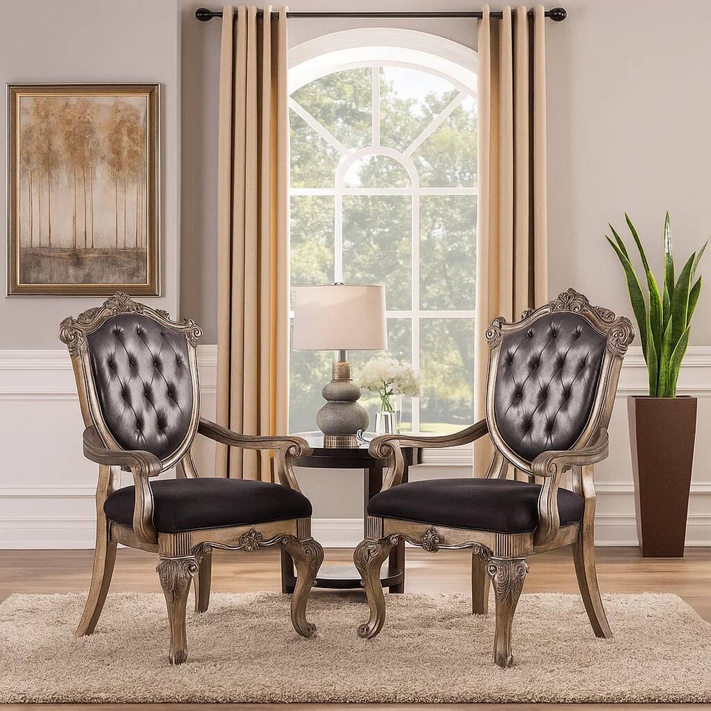 Wooden Arm Chair with Button Tufted Padded Backrest,Set of 2,Silver and Gray