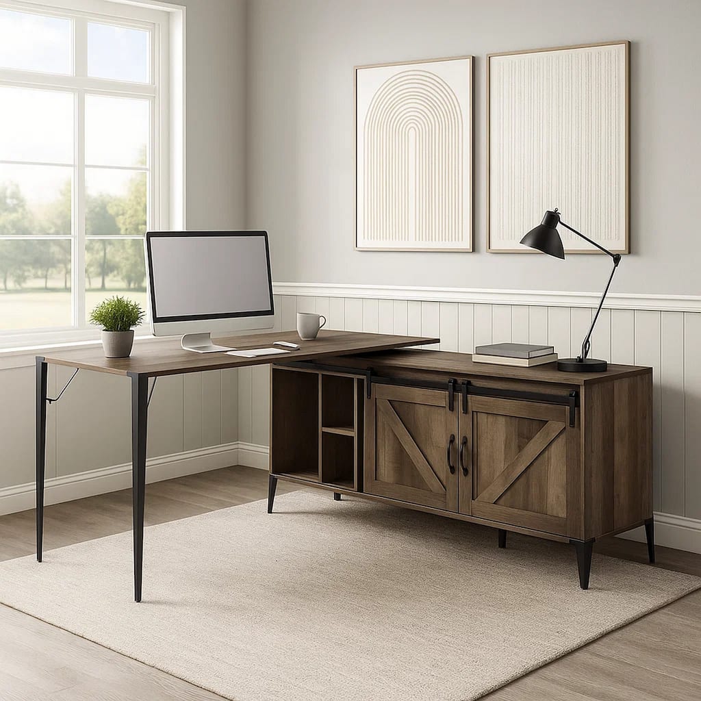 L Shape Writing Desk with 6 Open Compartments, Brown