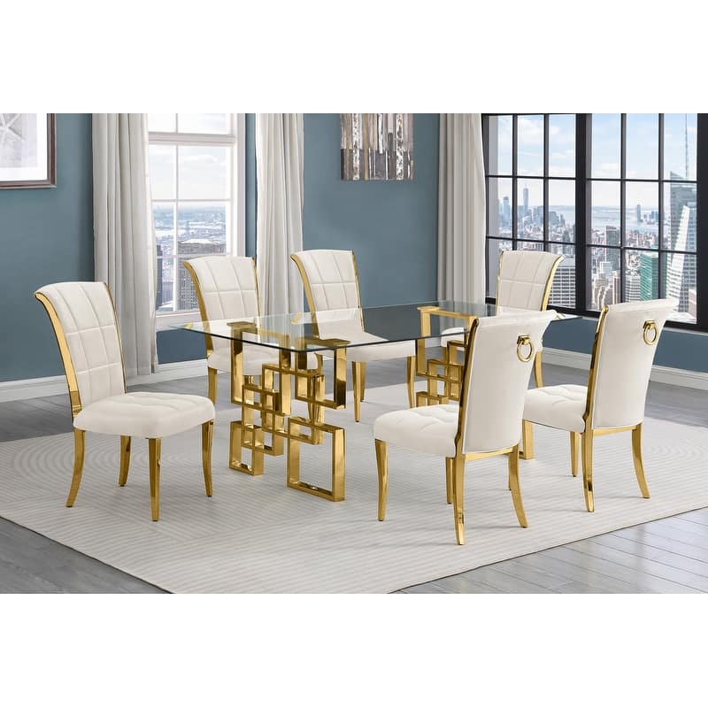 Best Quality Furniture D221/2-SC320-7 Dining Set with 12mm Tempered Glass - 7-Piece - Cream with Gold