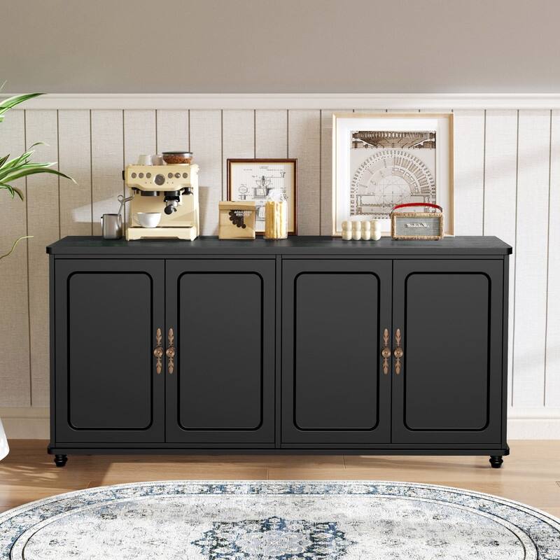 Mid Century Modern 60" Sideboard Cabinet with Adjustable Shelves and 4 Doors - Black