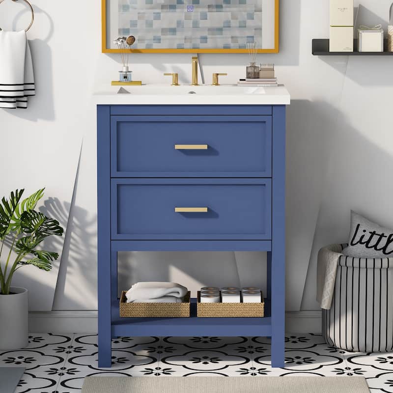 Bathroom Vanity with Top Sink, Bathroom Storage Cabinet with 2 Doors, Single Bathroom Vanity with 2 Drawers and Open Shelf