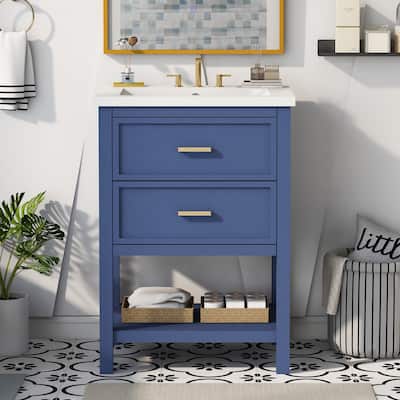 Freestanding Single Sink Storage Cabinet Bathroom Vanity with Tip-out Drawer, U-shaped Drawer, Open Shelf and Gold Metal Handles